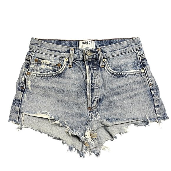 AGOLDE Womens Distressed Cut Off Denim Shorts Size 23 Button Fly Boho - Picture 1 of 5